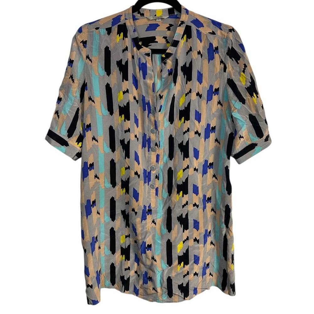 Tucker 100% Silk Colorful Short Sleeve Tunic Blouse Size Large